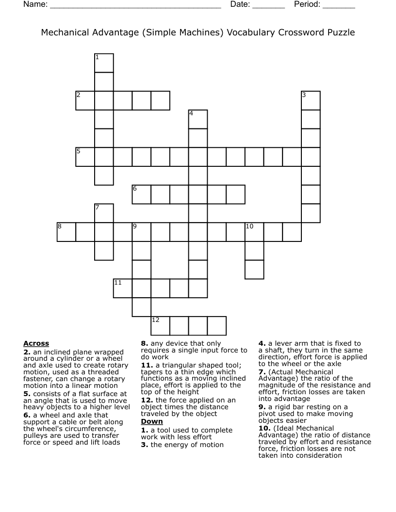 Mechanical Advantage (Simple Machines) Vocabulary Crossword Puzzle