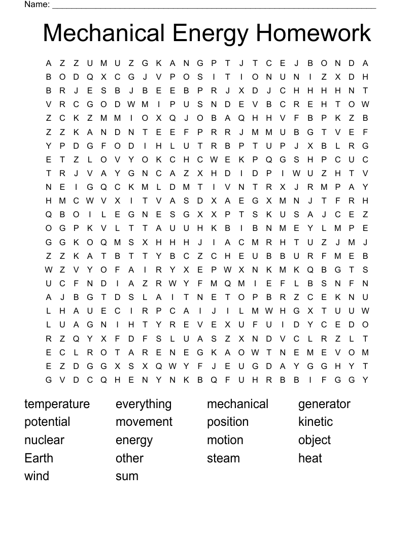 Mechanical Energy Homework Word Search