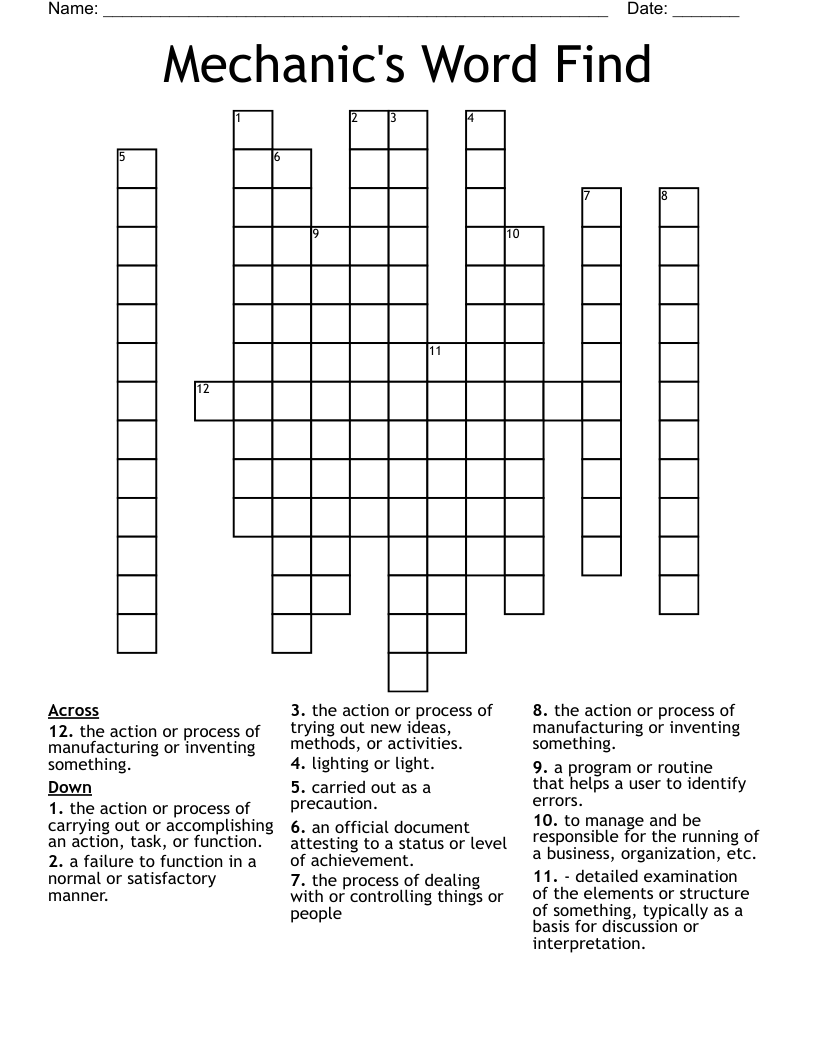 Mechanic's Word Find Crossword