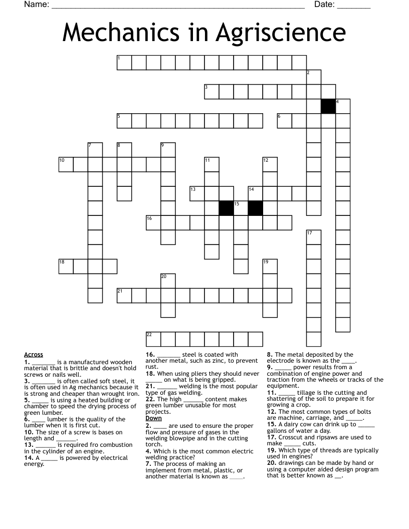 Mechanics in Agriscience  Crossword