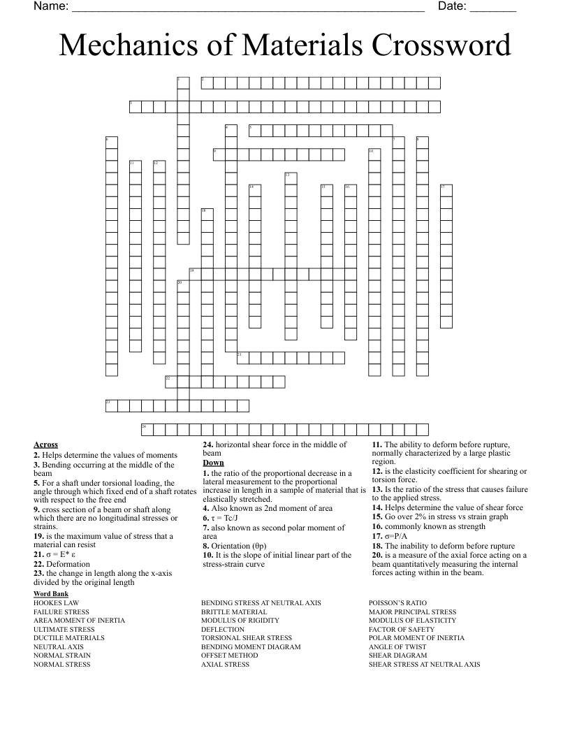Mechanics of Materials Crossword