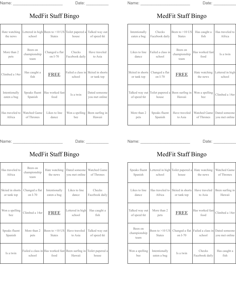 MedFit Staff Bingo