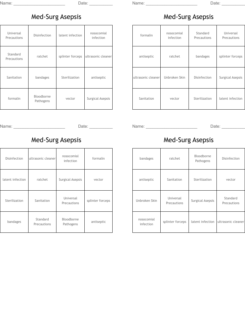 Med-Surg Asepsis  Bingo Cards