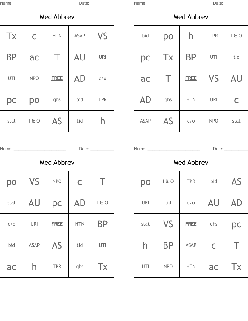 Med Abbrev Bingo Cards