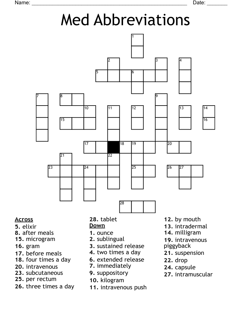 Med Abbreviations Crossword