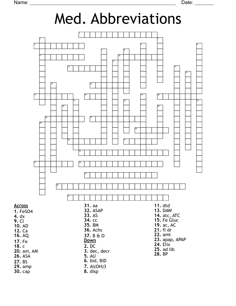 Med. Abbreviations Crossword