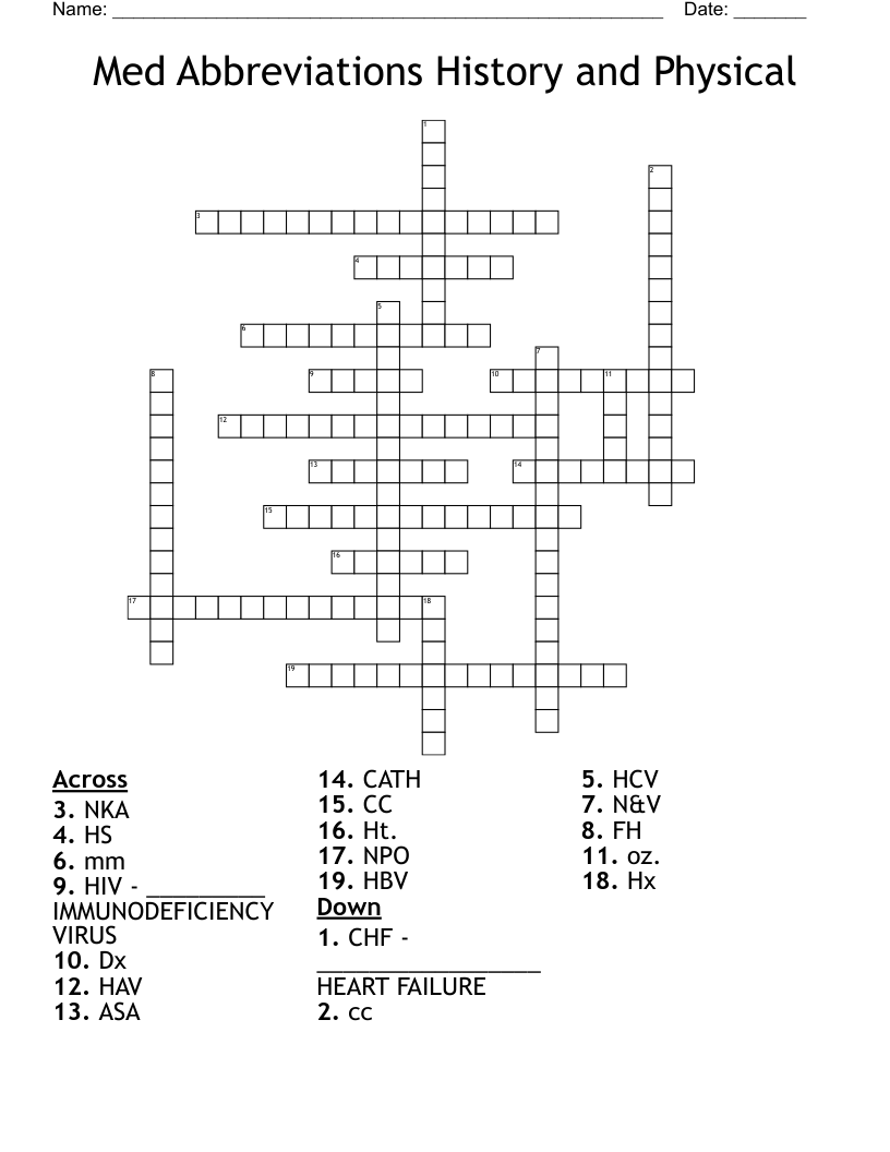 Med Abbreviations History and Physical Crossword