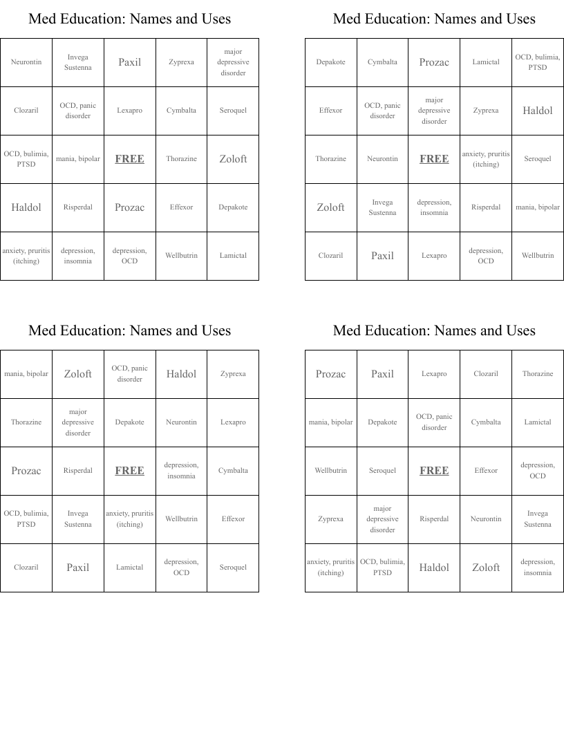 Med Education: Names and Uses Bingo Cards