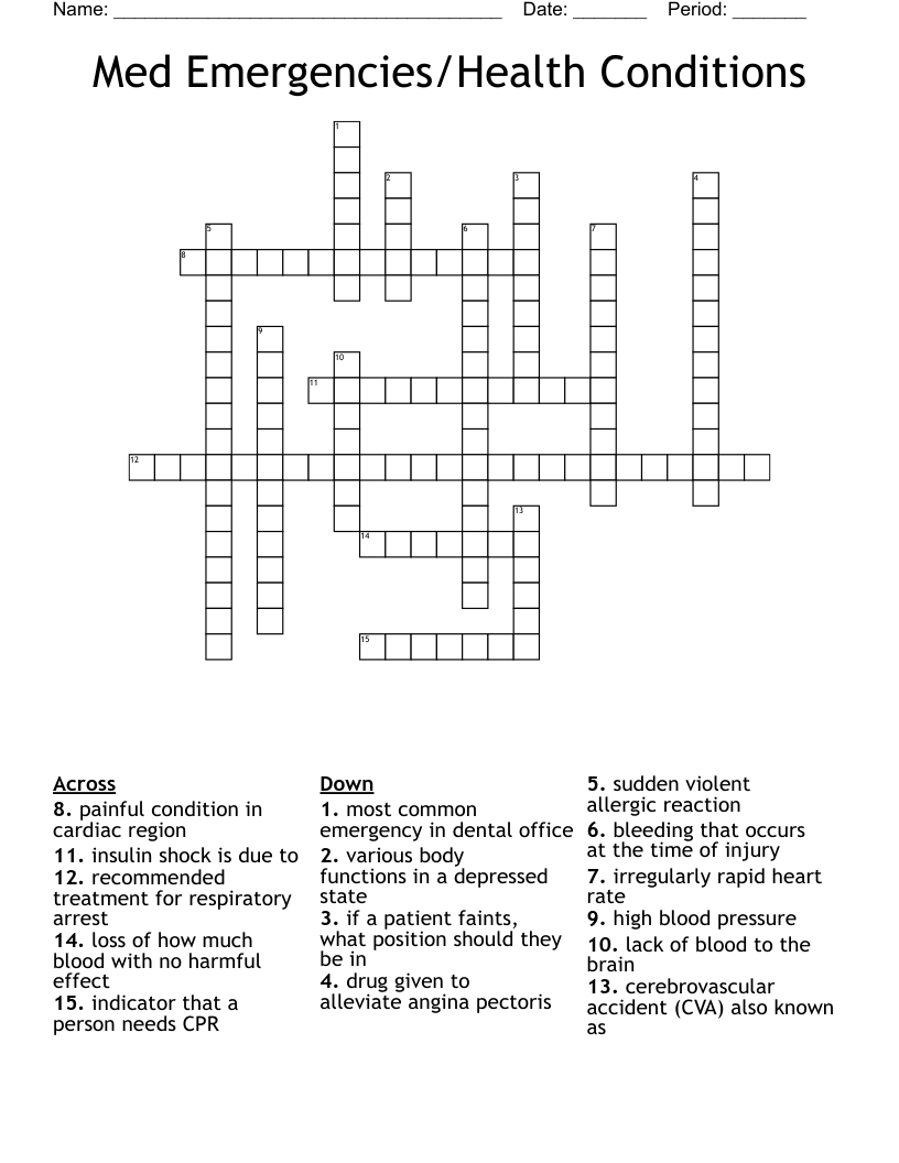 Med Emergencies/Health Conditions Crossword