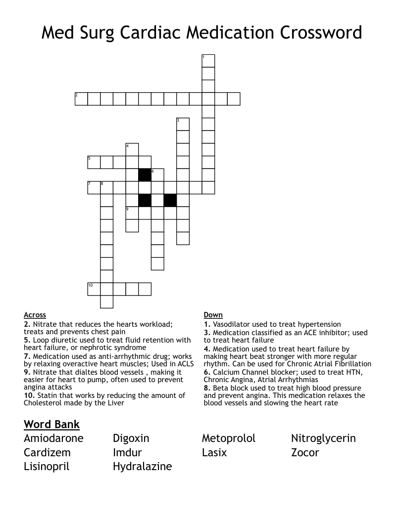Med Surg Cardiac Medication Crossword