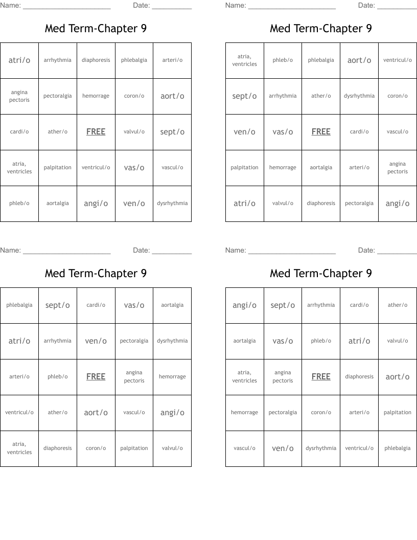Med Term-Chapter 9 Bingo Cards