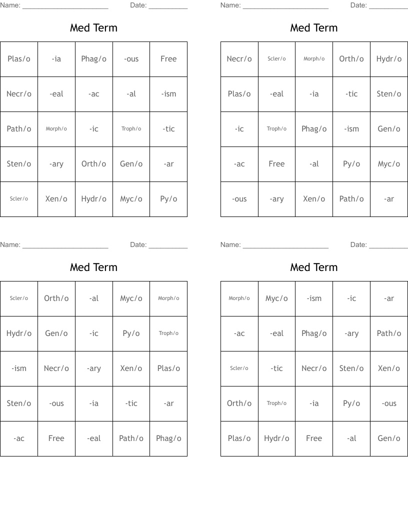 Med Term Bingo Cards