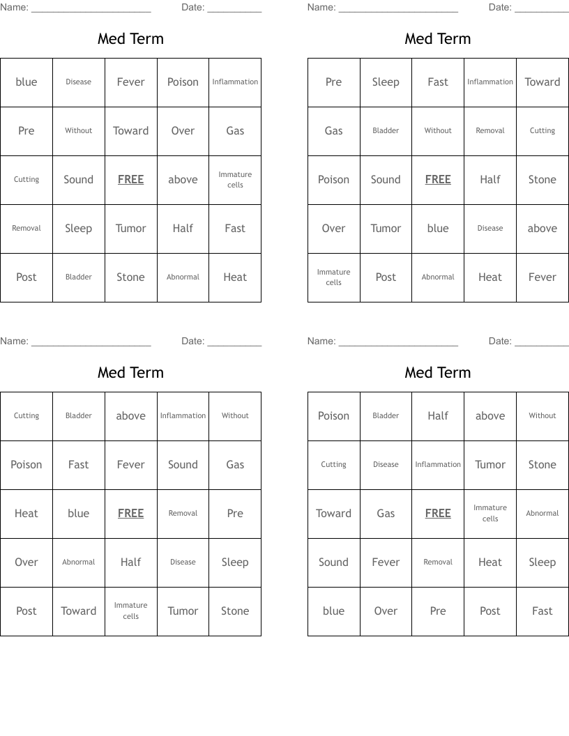 Med Term Bingo Cards