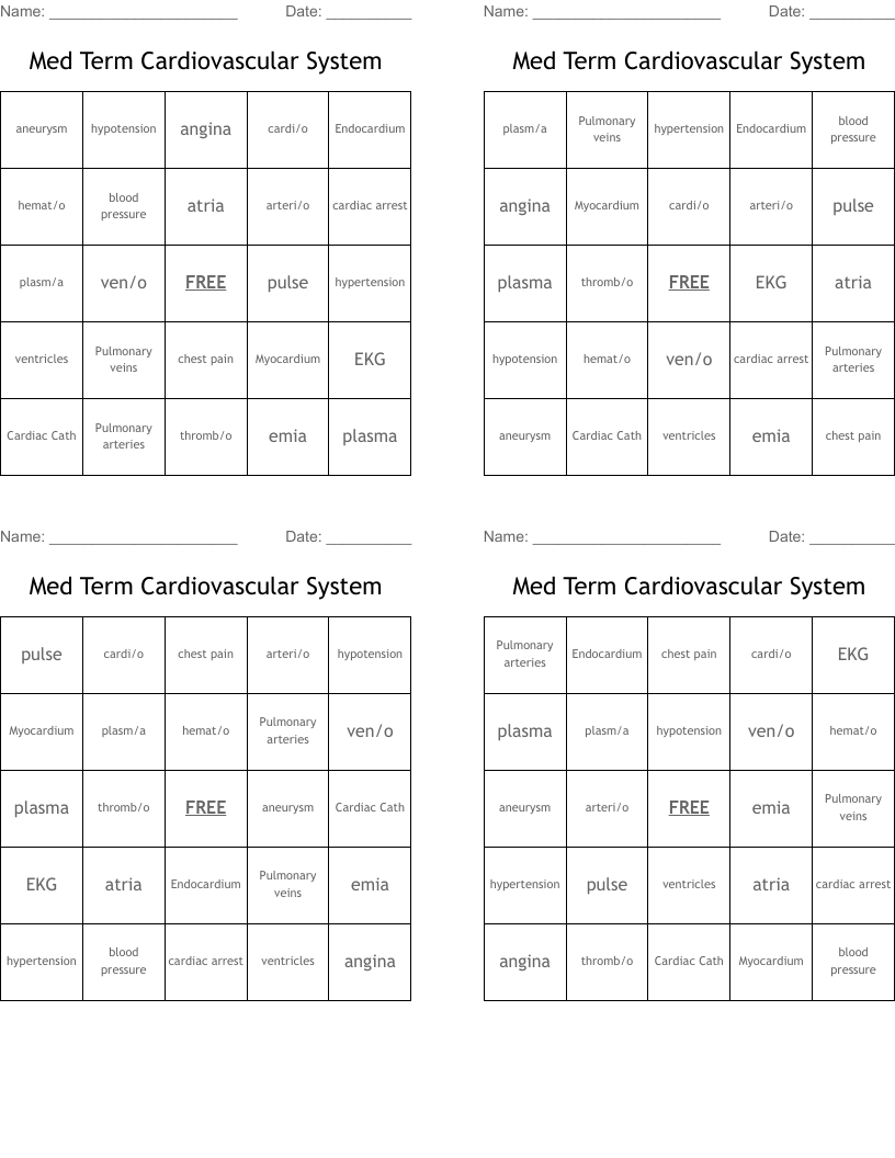 Med Term Cardiovascular System Bingo Cards