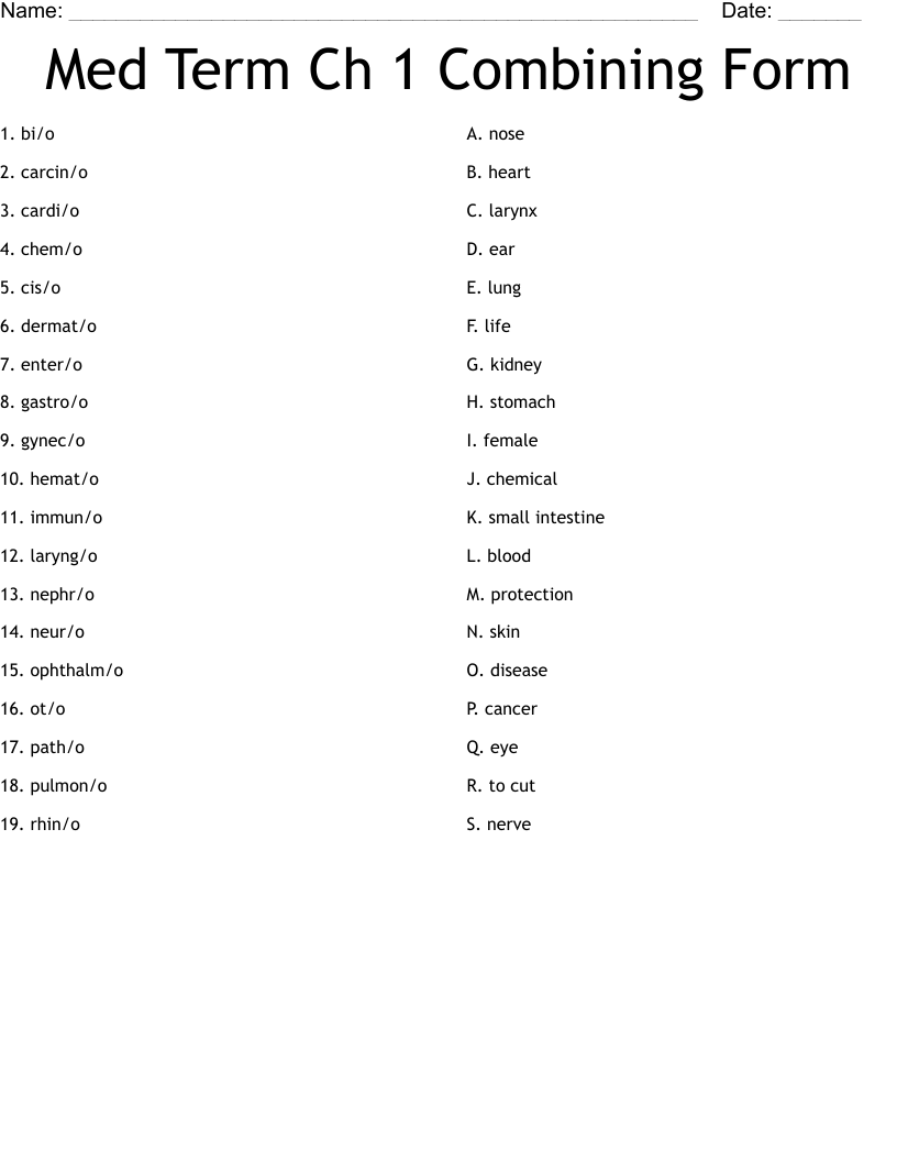 Med Term Ch 1 Combining Form Worksheet