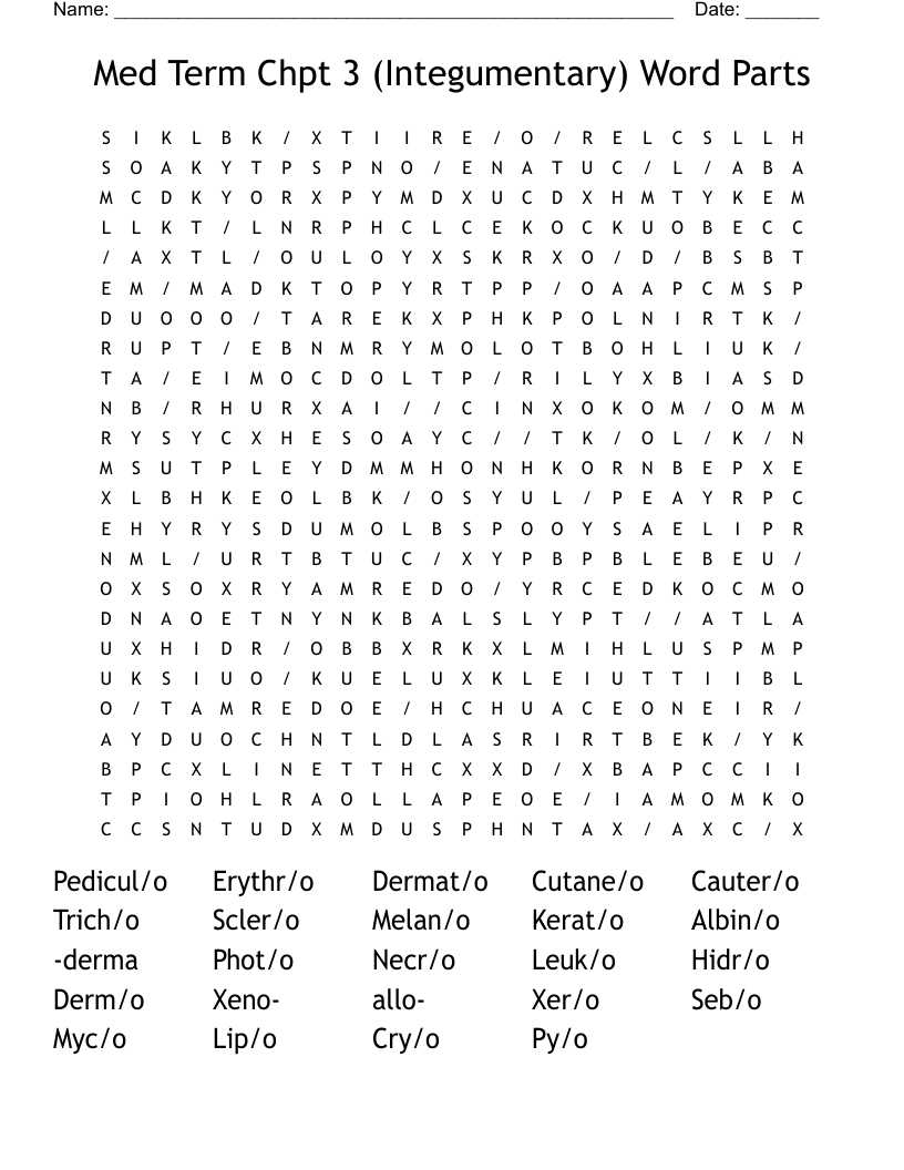 Med Term Chpt 3 (Integumentary) Word Parts Word Search