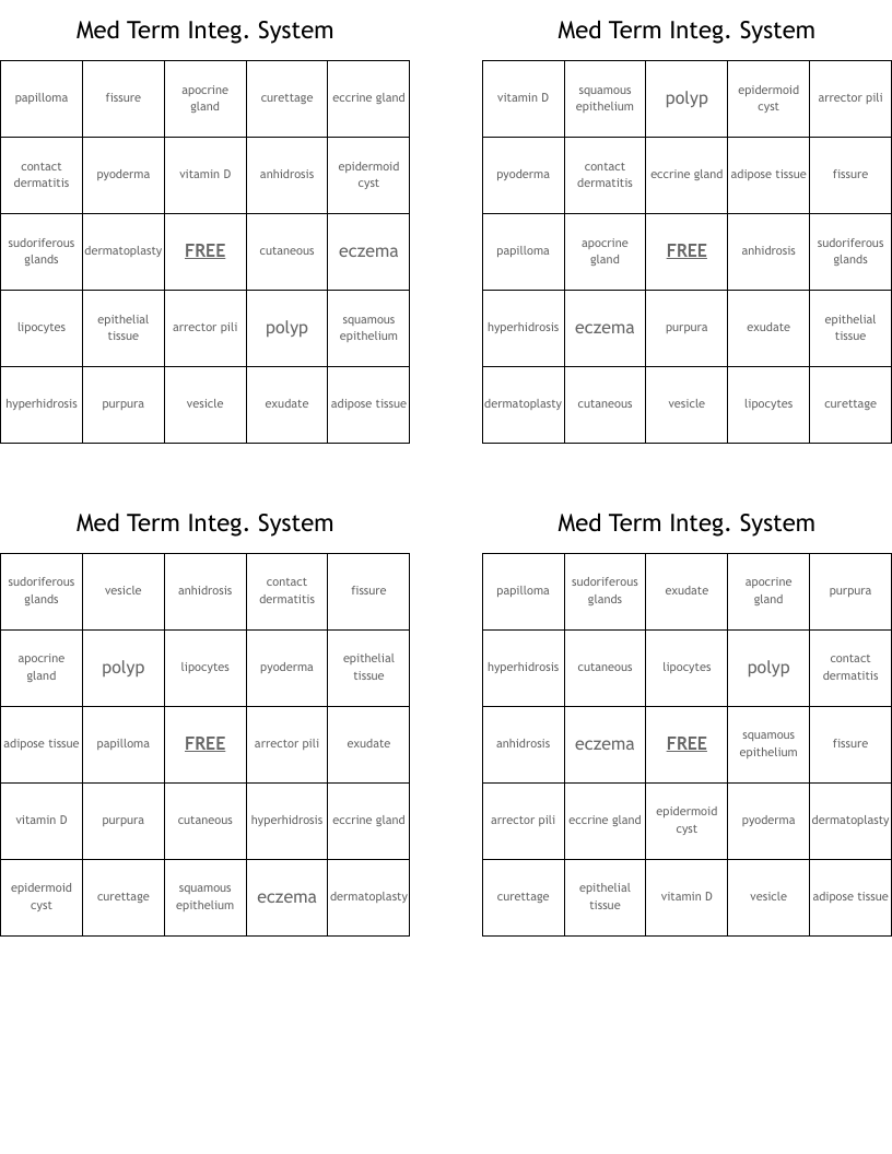 Med Term Integ. System Bingo Cards