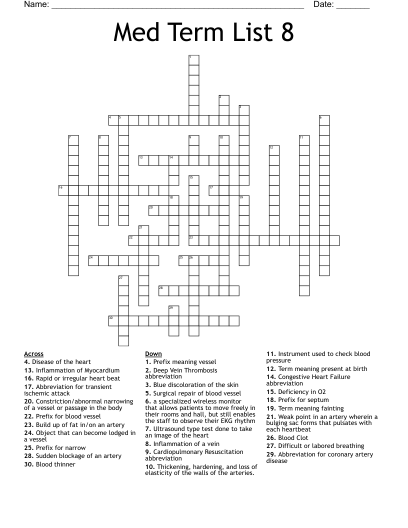 Med Term List 8 Crossword