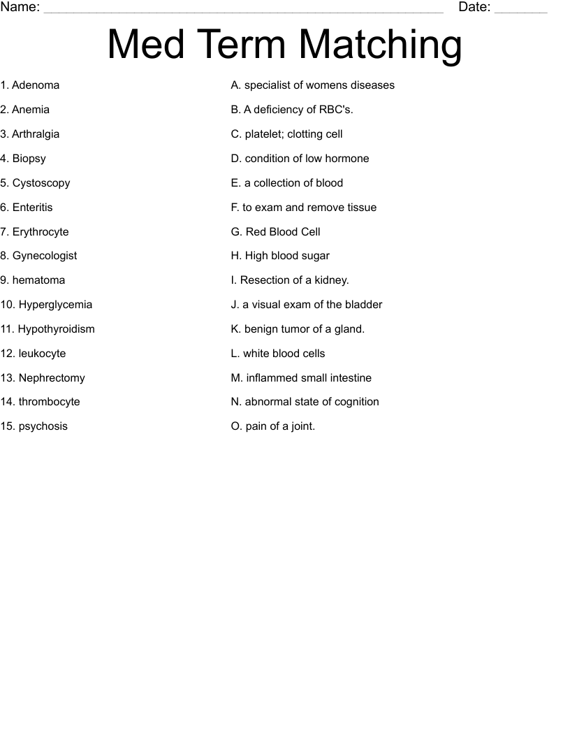 Med Term Matching Worksheet