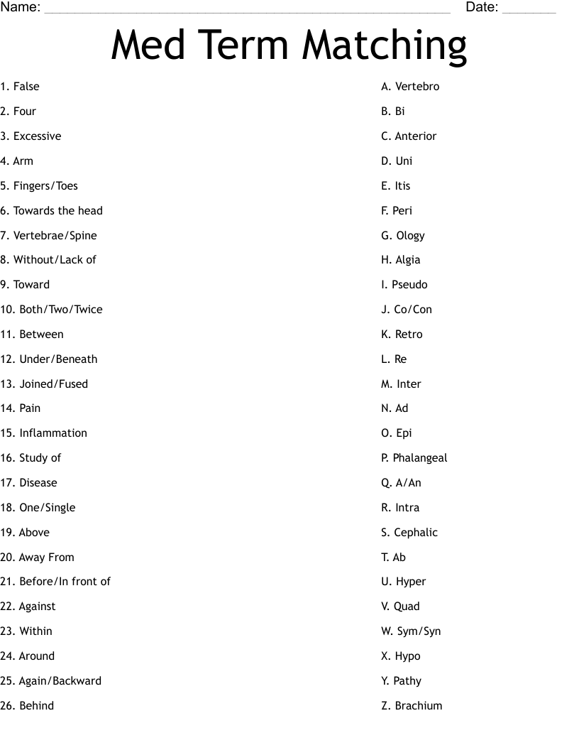Med Term Matching Worksheet
