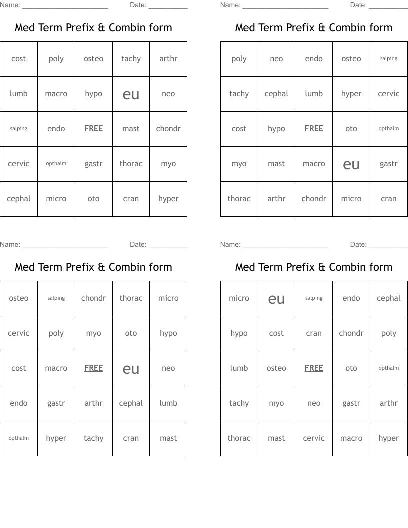 Med Term Prefix & Combin form Bingo Cards