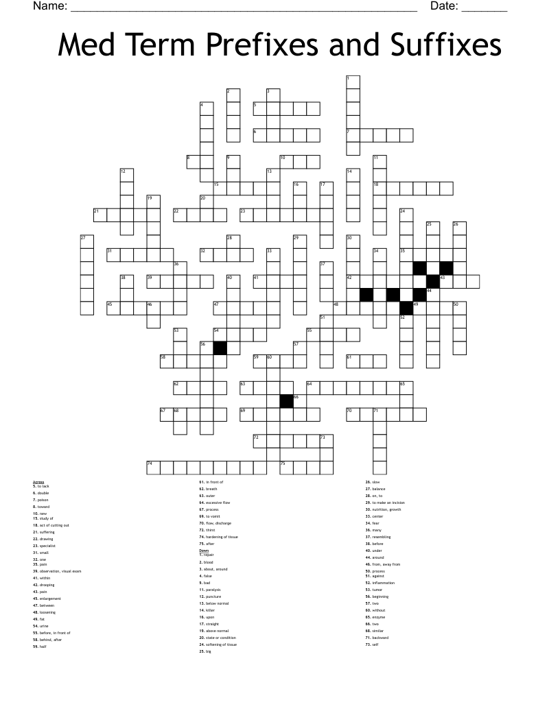 Med Term Prefixes and Suffixes Crossword