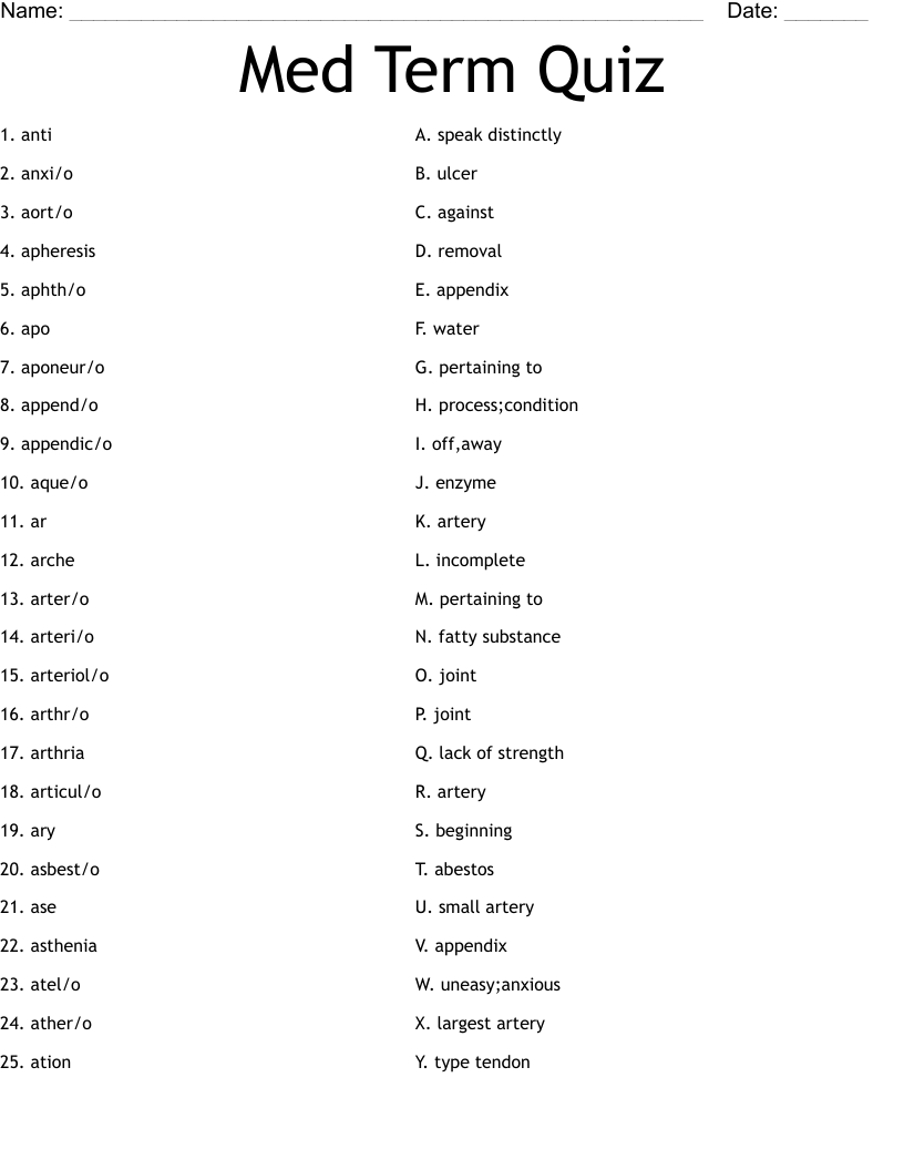 Med Term Quiz Worksheet