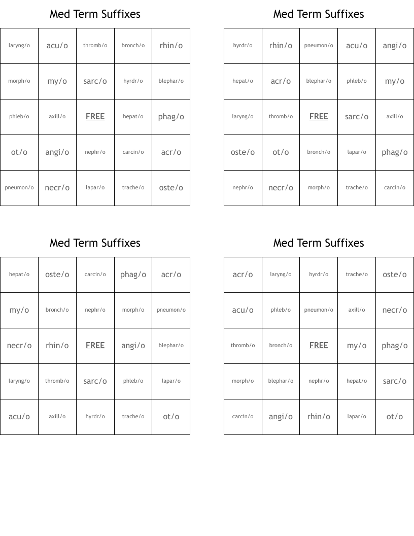 Med Term Suffixes Bingo Cards