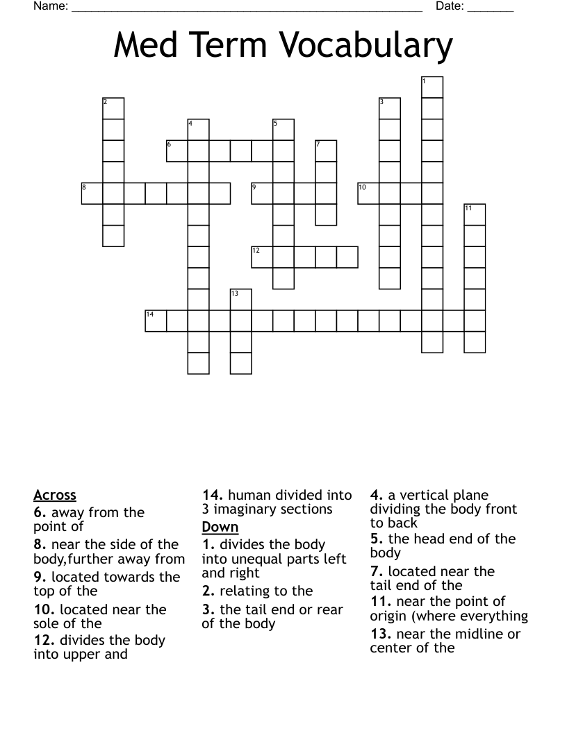 Med Term Vocabulary Crossword