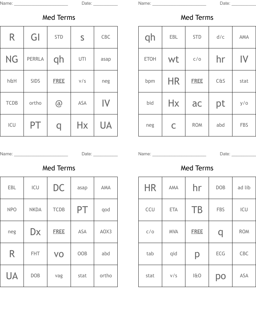 Med Terms Bingo Cards