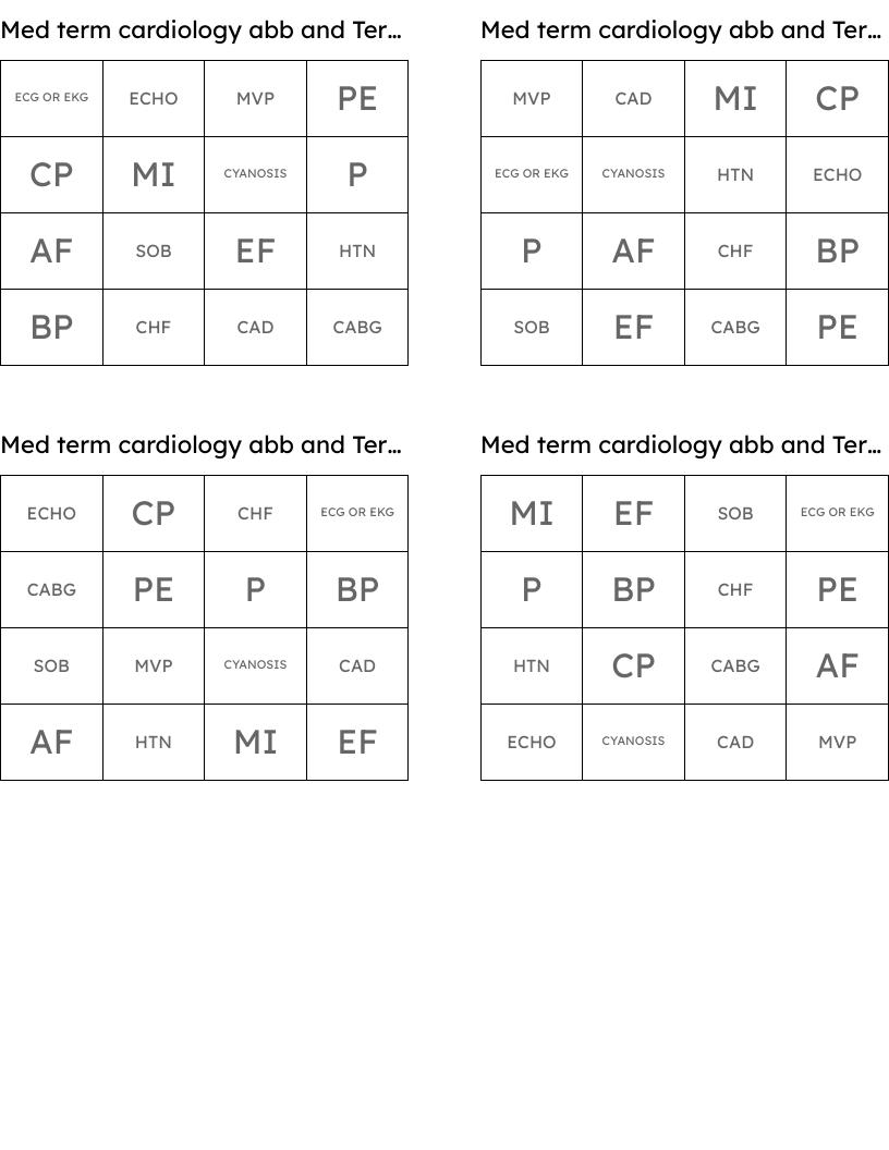 Med term cardiology abb and Terms Bingo Cards