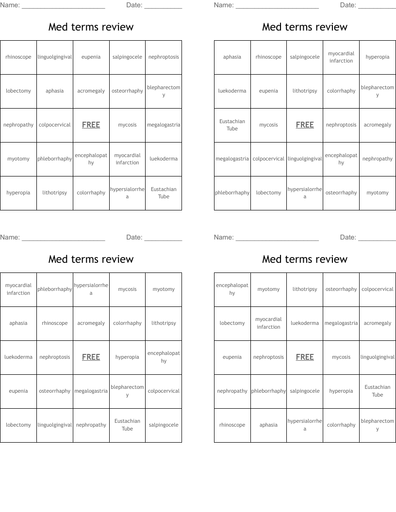 Med terms review Bingo Cards