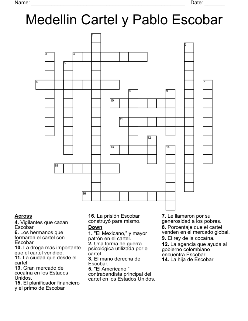 Medellin Cartel y Pablo Escobar Crossword