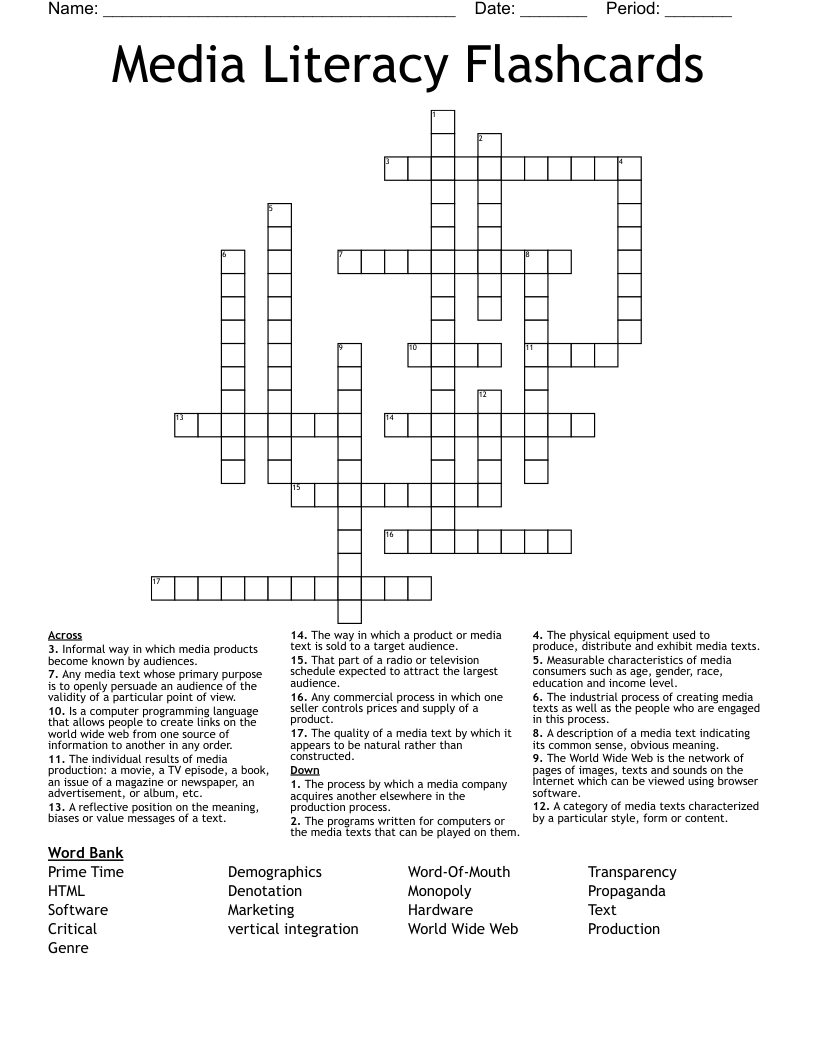 Media Literacy Flashcards Crossword