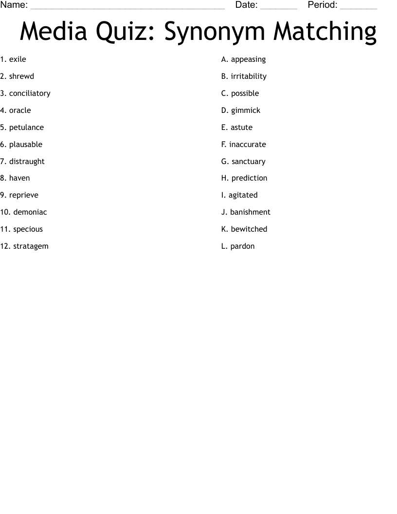 Media Quiz: Synonym Matching Worksheet