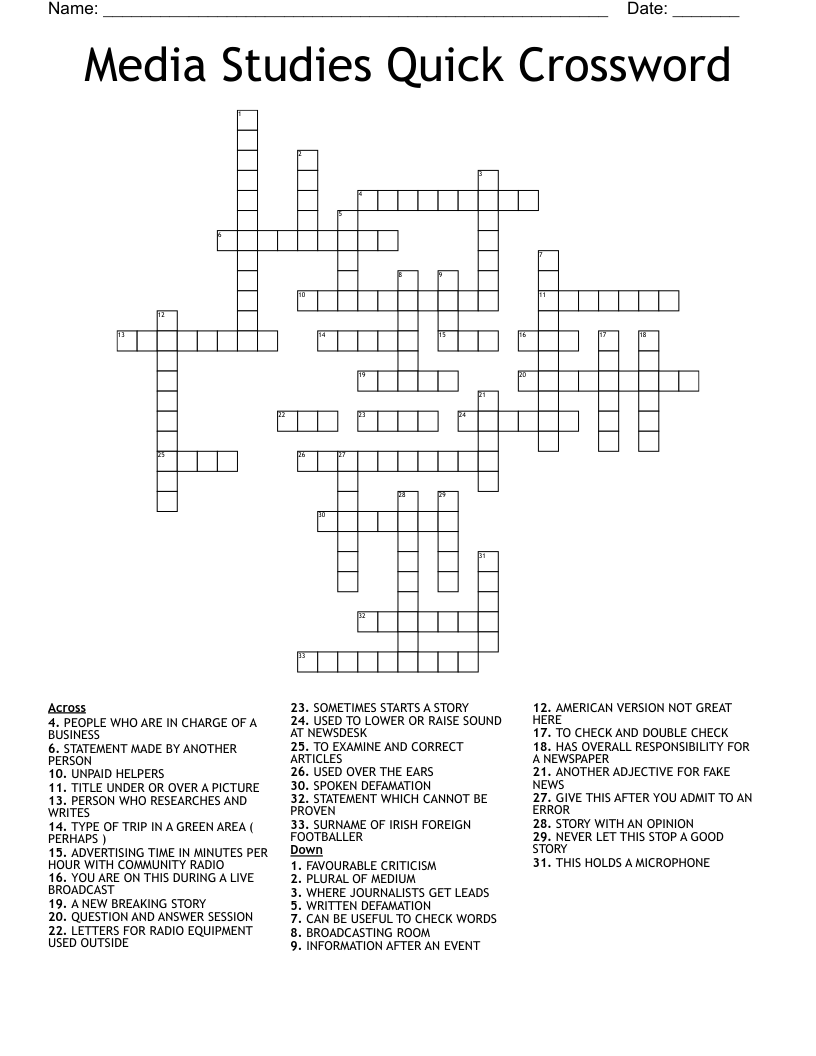 Media Studies Quick Crossword