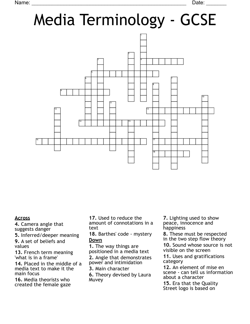 Media Terminology - GCSE Crossword
