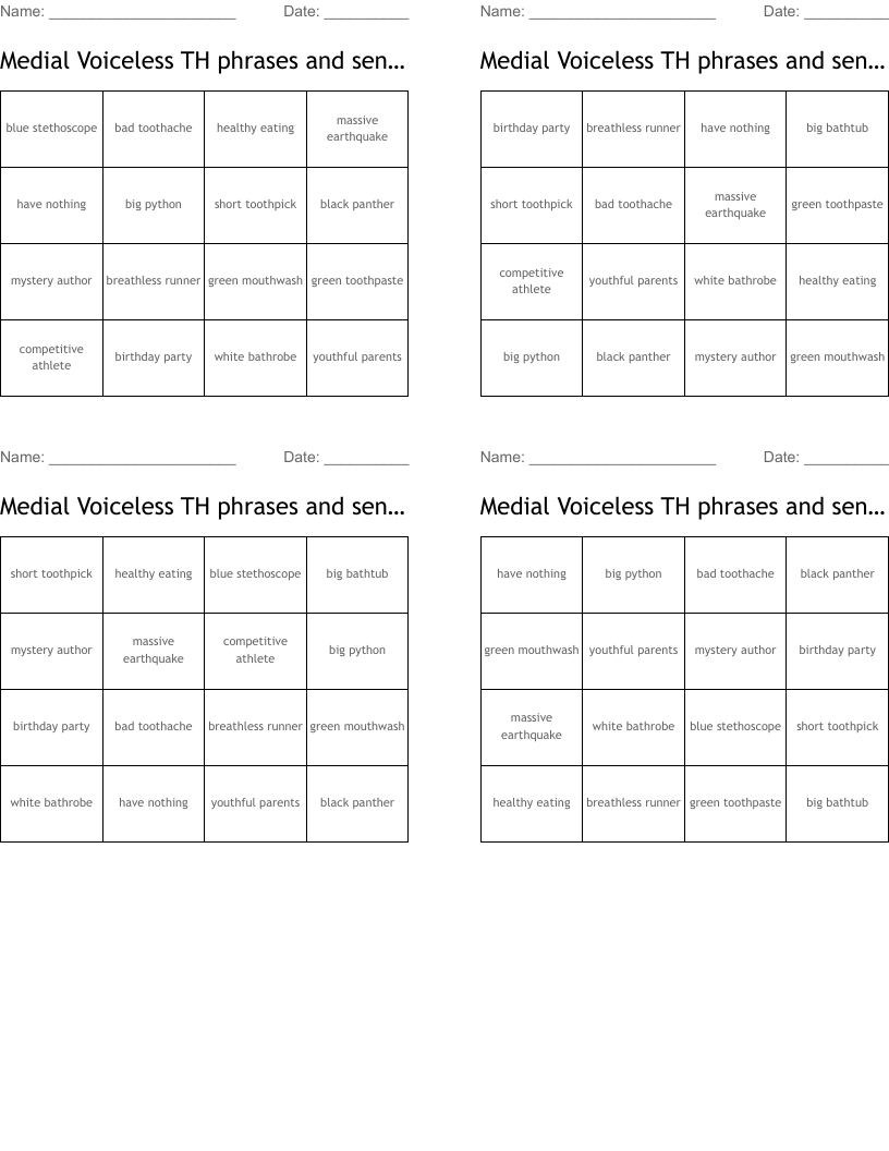Medial Voiceless TH phrases and sentences Bingo Cards