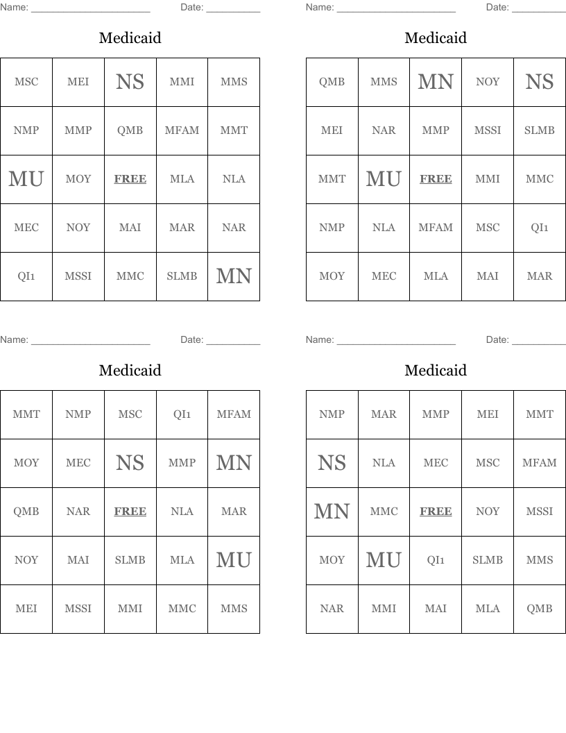 Medicaid Bingo Cards