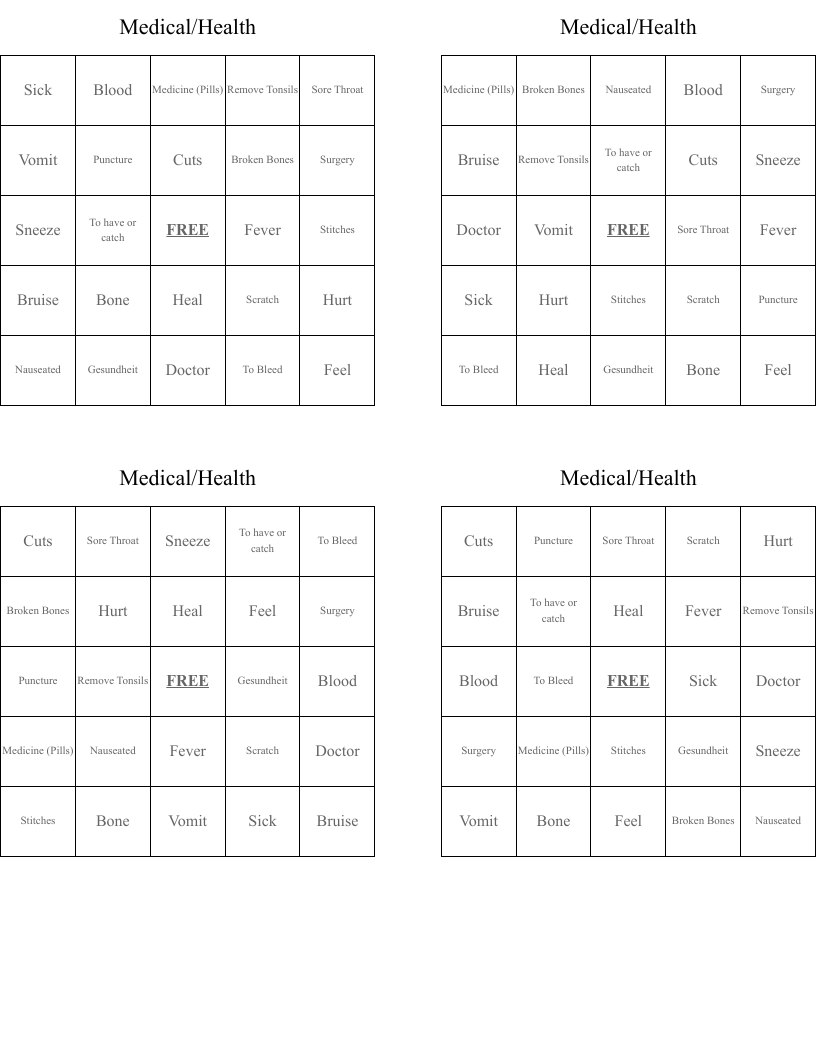 Medical/Health Bingo Cards