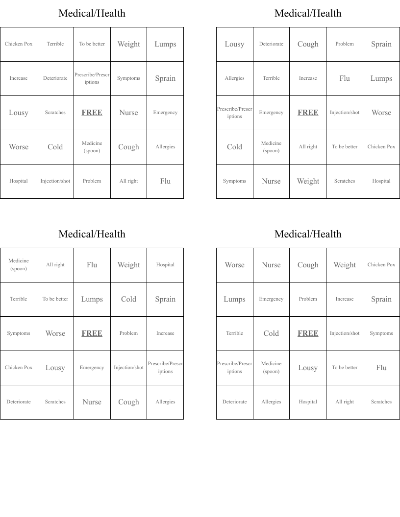 Medical/Health Bingo Cards