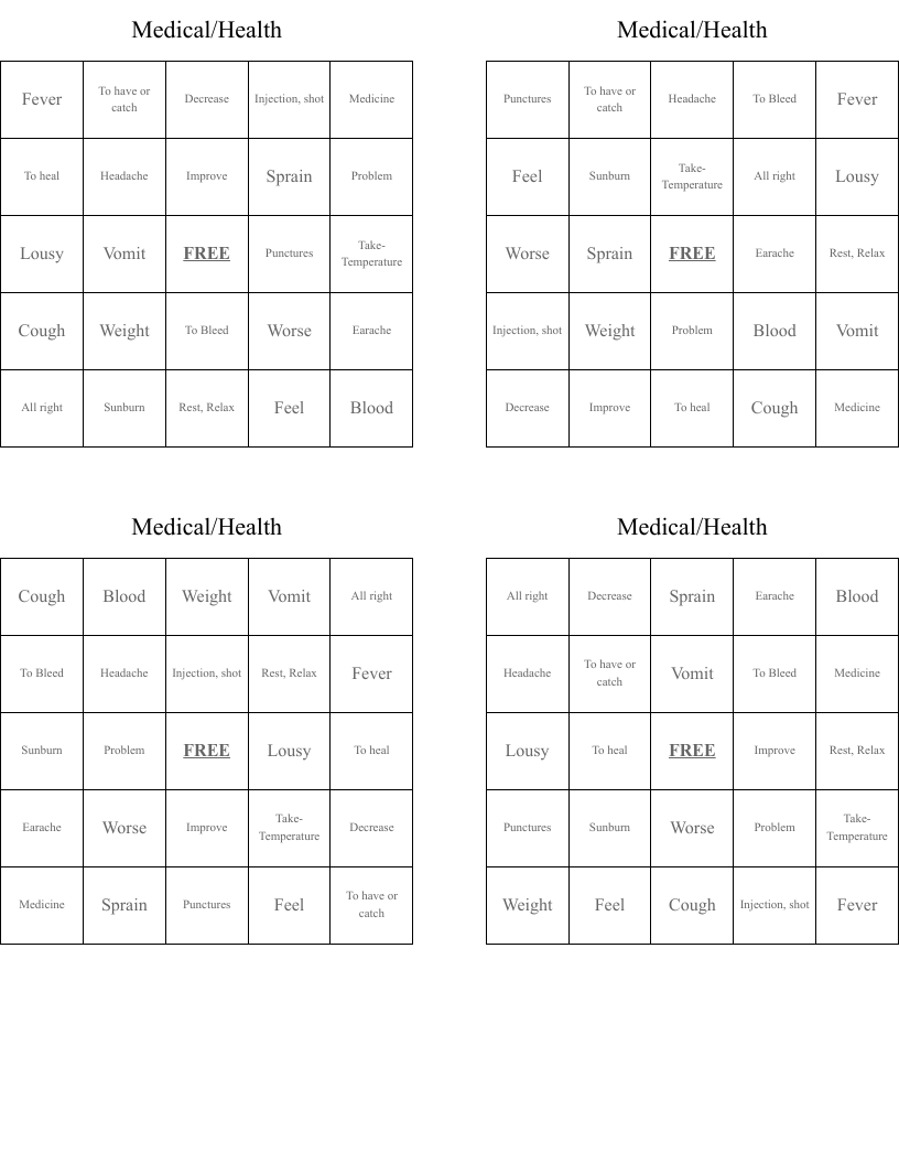 Medical/Health Bingo Cards