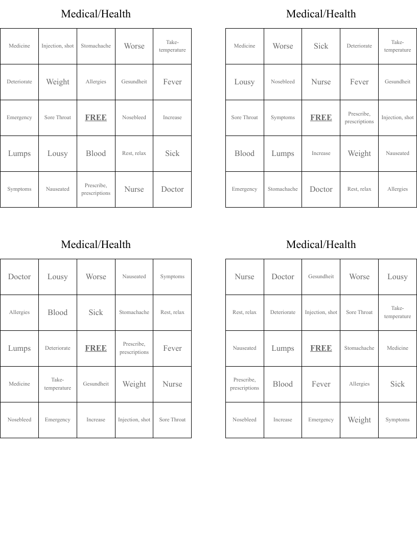 Medical/Health Bingo Cards