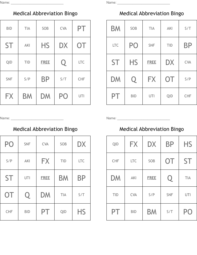 Medical Abbreviation Bingo