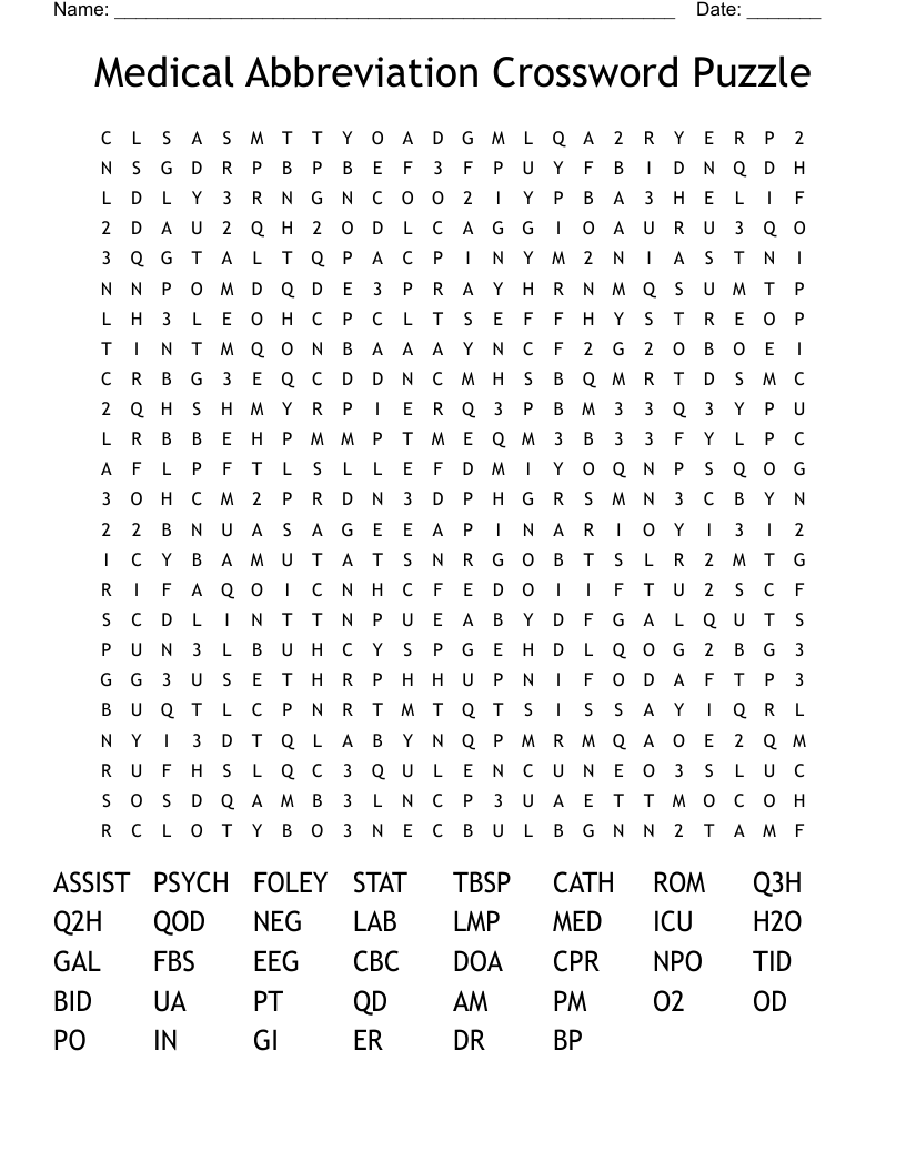 Medical Abbreviation Crossword Puzzle Word Search