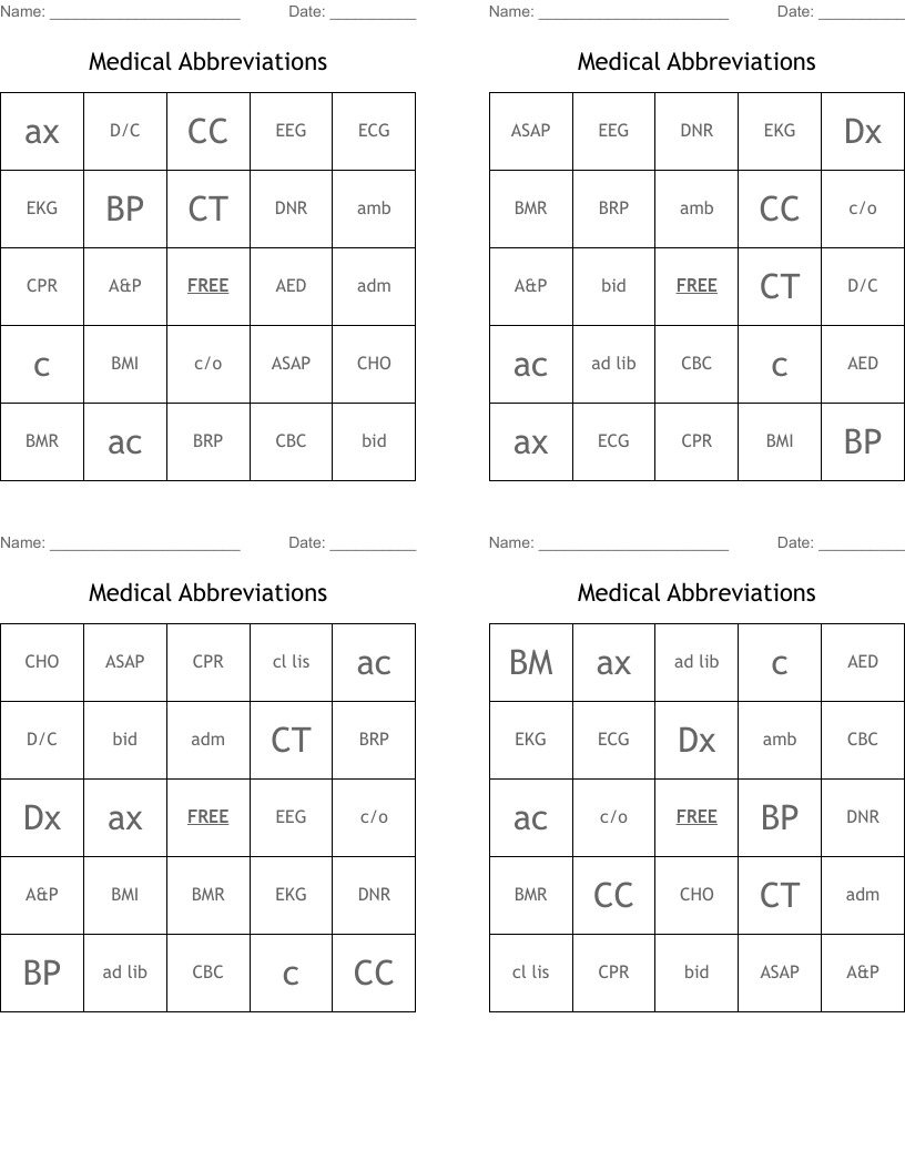 Medical Abbreviations Bingo Cards