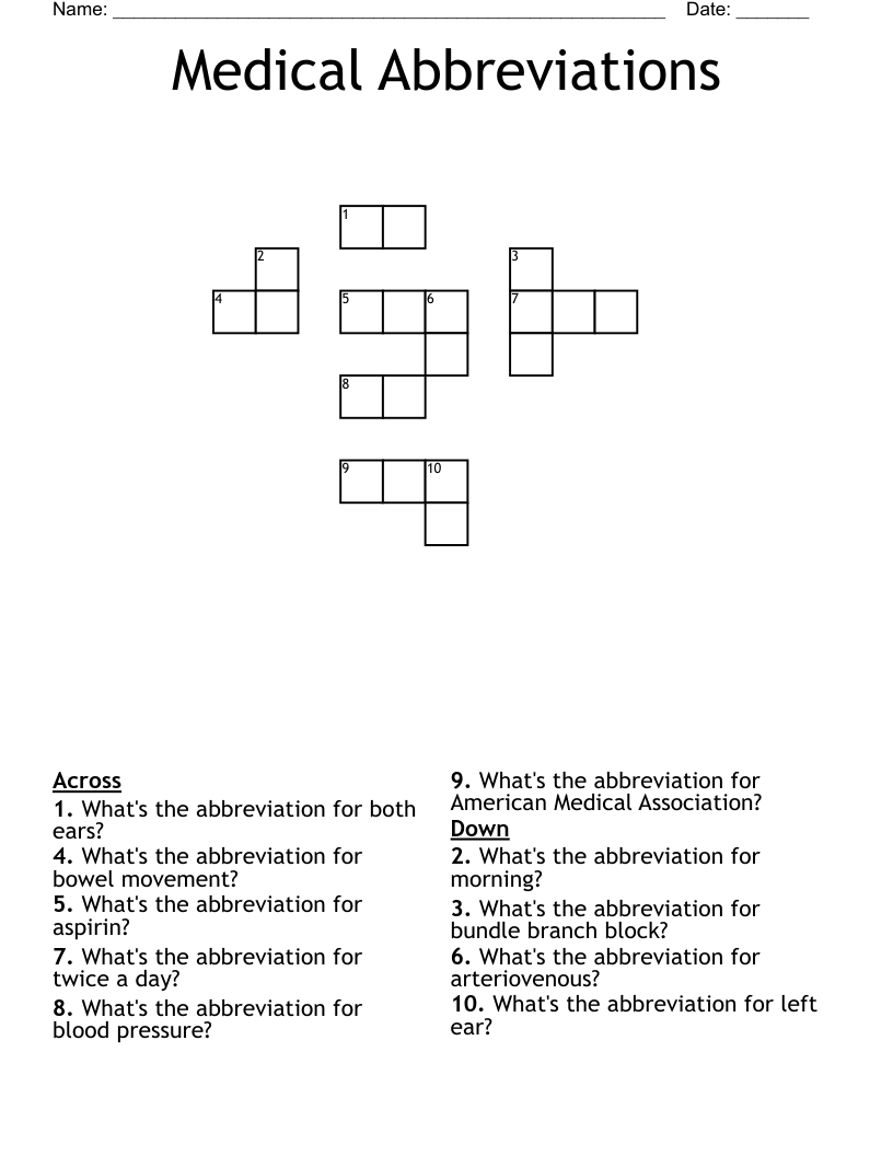 Medical Abbreviations Crossword