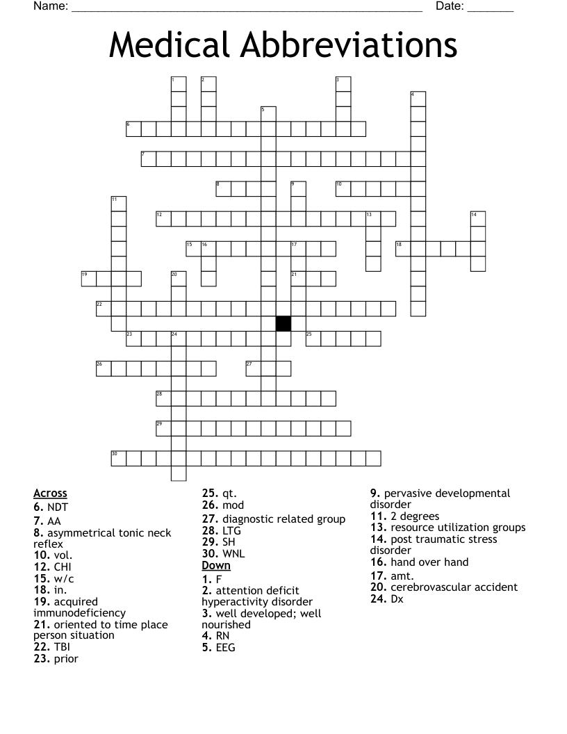 Medical Abbreviations Crossword