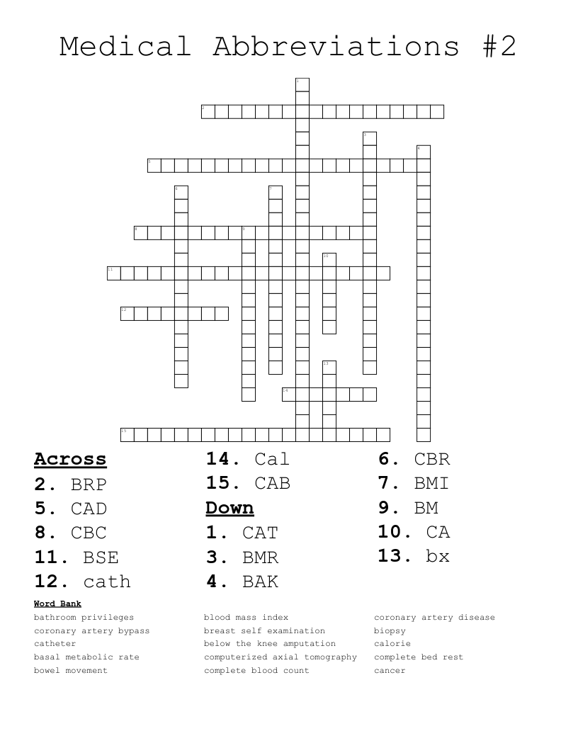 Medical Abbreviations #2 Crossword