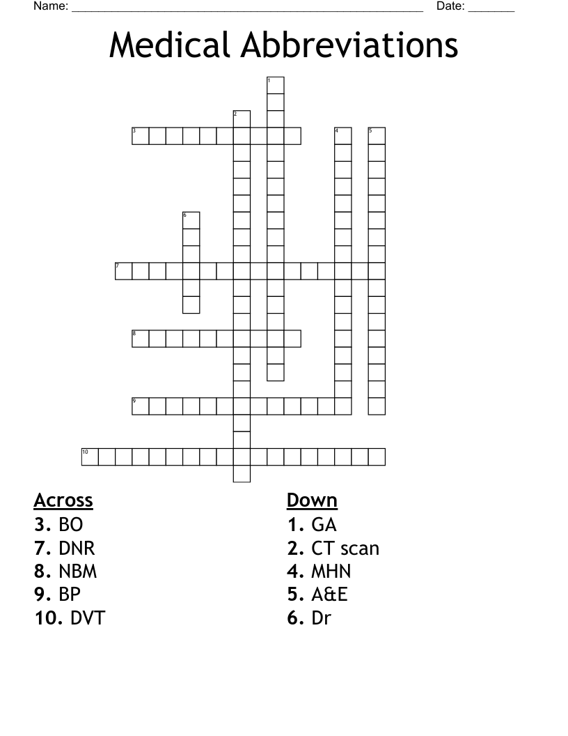 Medical Abbreviations Crossword